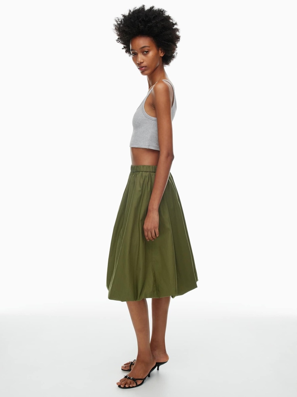 Aritzia Sunday Best Bubbly Poplin Bubble Hem Olive Green Gathered Midi Skirt - Picture 4 of 9
